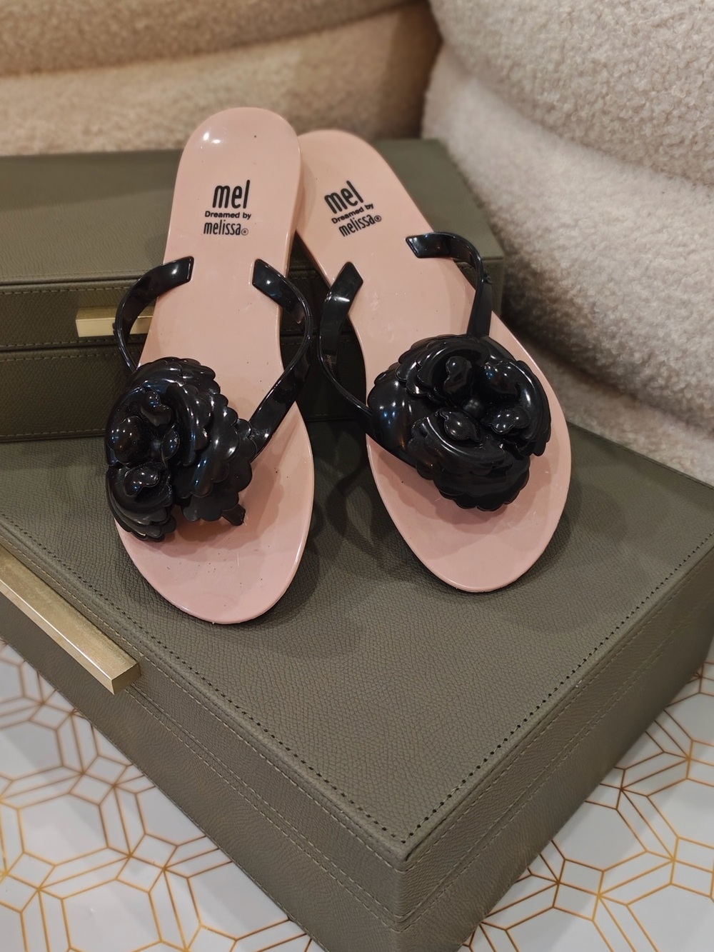Mel by Melissa Pink Jelly Flip Flops with Black Floral Accent